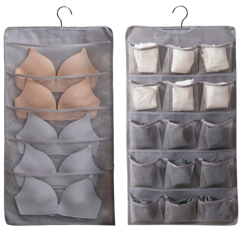 AARAINBOW Hanging Bra Organizer with Pockets, Hanging Sock Organizer, Dual Sided Hanging Closet Underwear Storage Holder for Lingerie, Panty Tie (20 Pockets, Gray) - Image 1